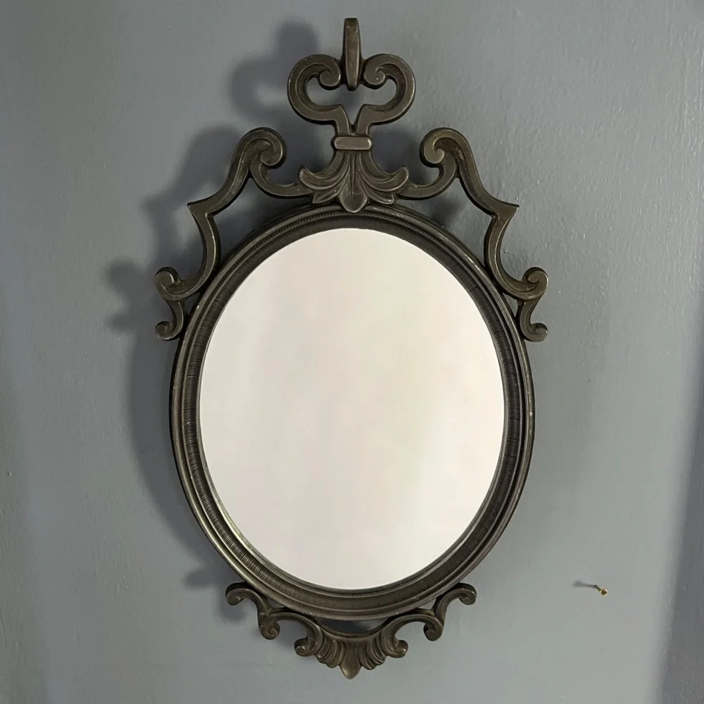 Vintage Pewter Oval Wall Mirror MCM Victorian Revival Gothic